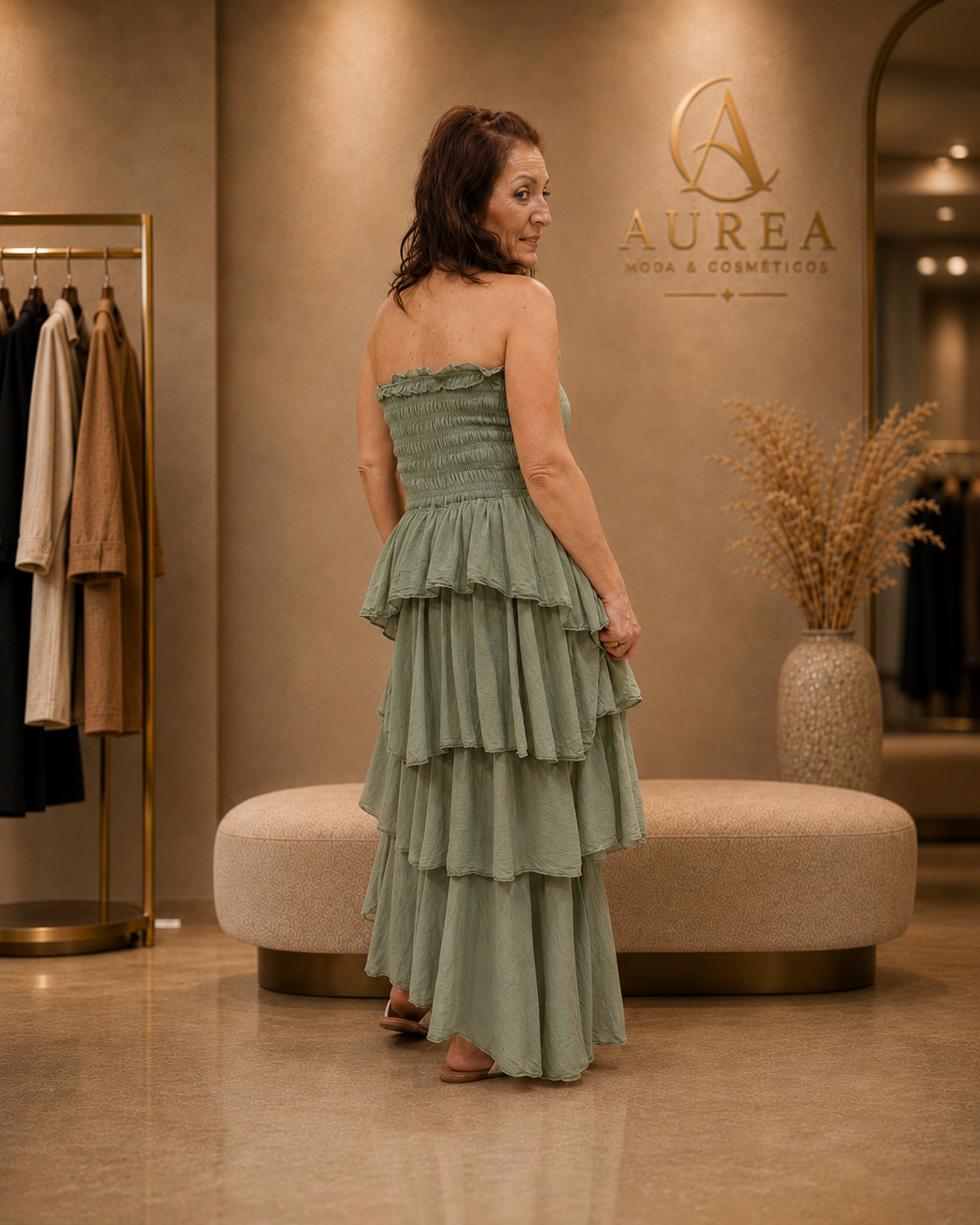 Vestido Largo Verde Salvia Palabra de Honor con Volantes