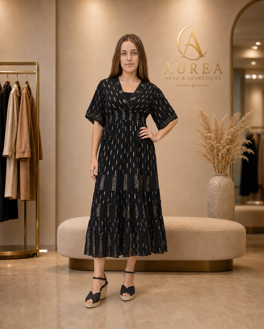 Vestido Midi Negro con Detalles Dorados y Volantes