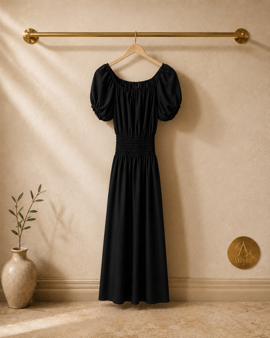 Vestido Midi Fruncido con Manga Abullonada