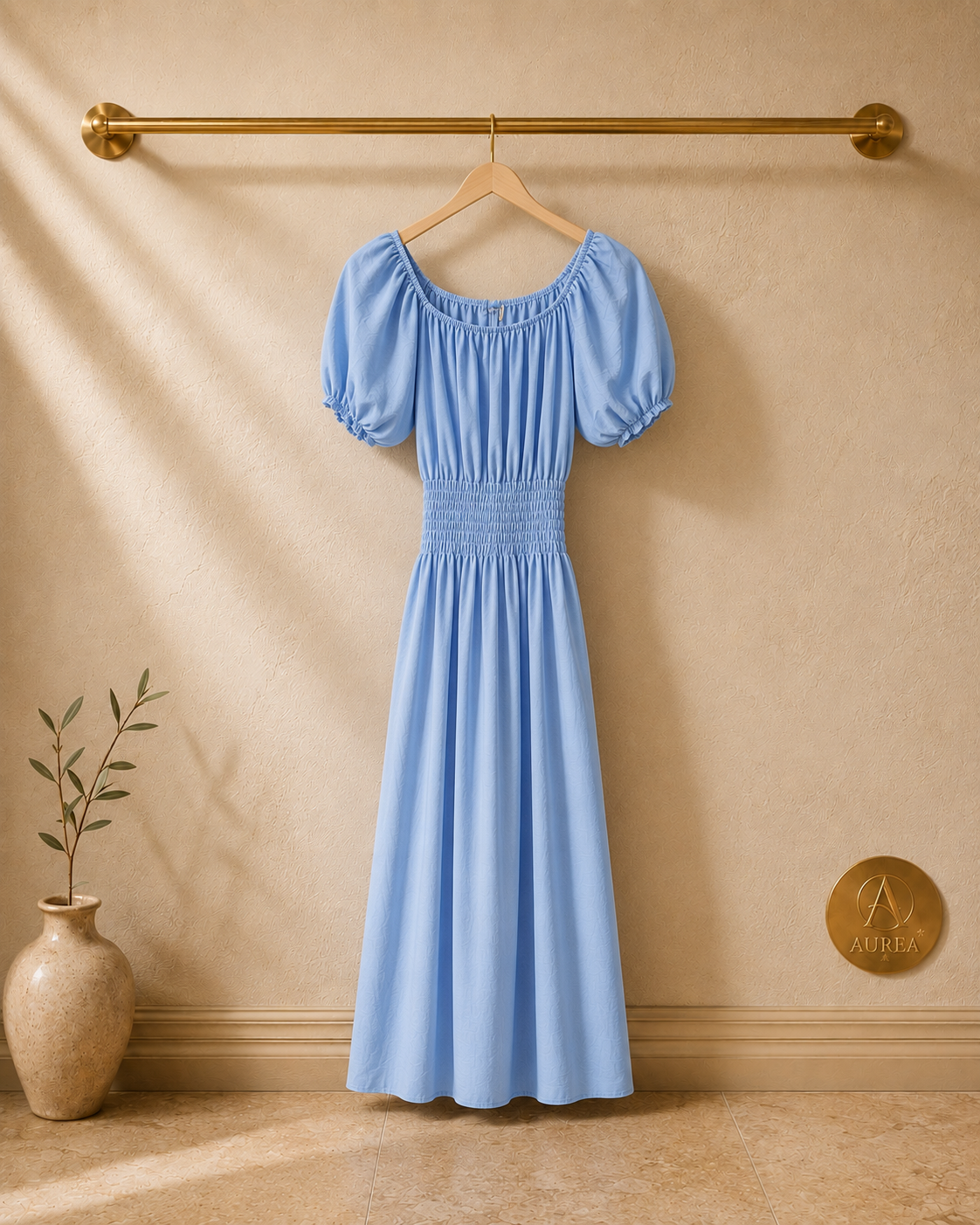 Vestido Midi Fruncido con Manga Abullonada