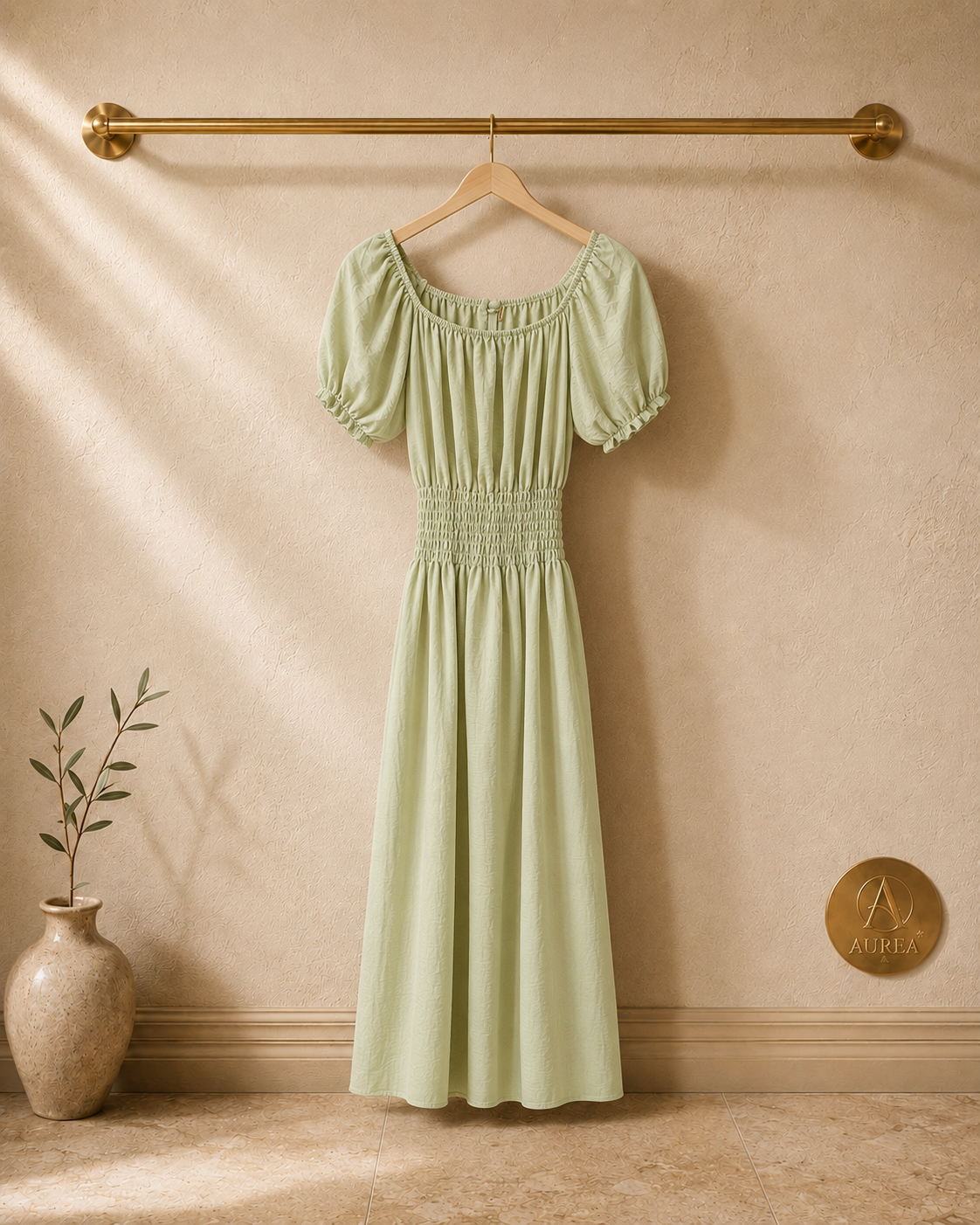Vestido Midi Fruncido con Manga Abullonada