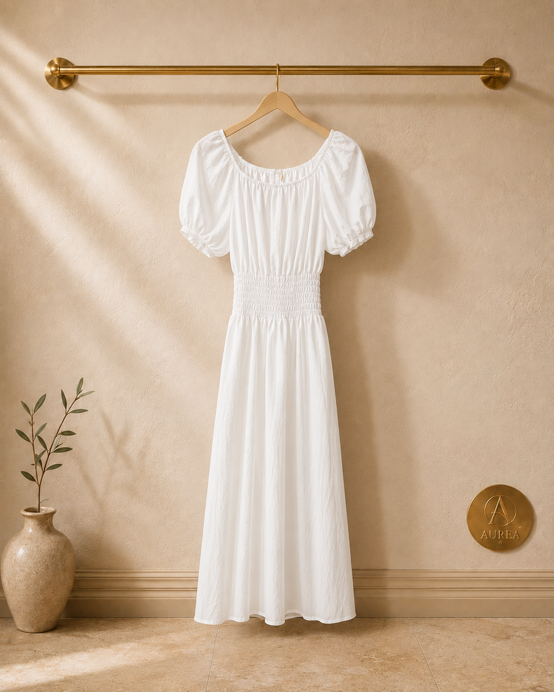 Vestido Midi Fruncido con Manga Abullonada