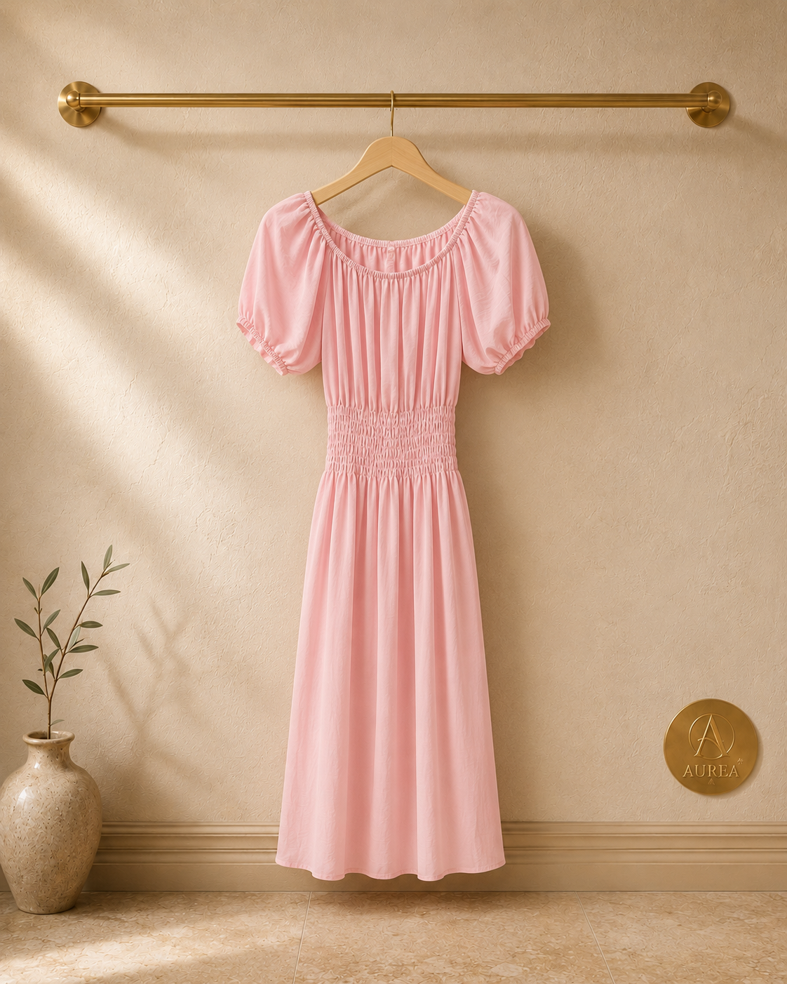Vestido Midi Fruncido con Manga Abullonada color rosa de AUREA