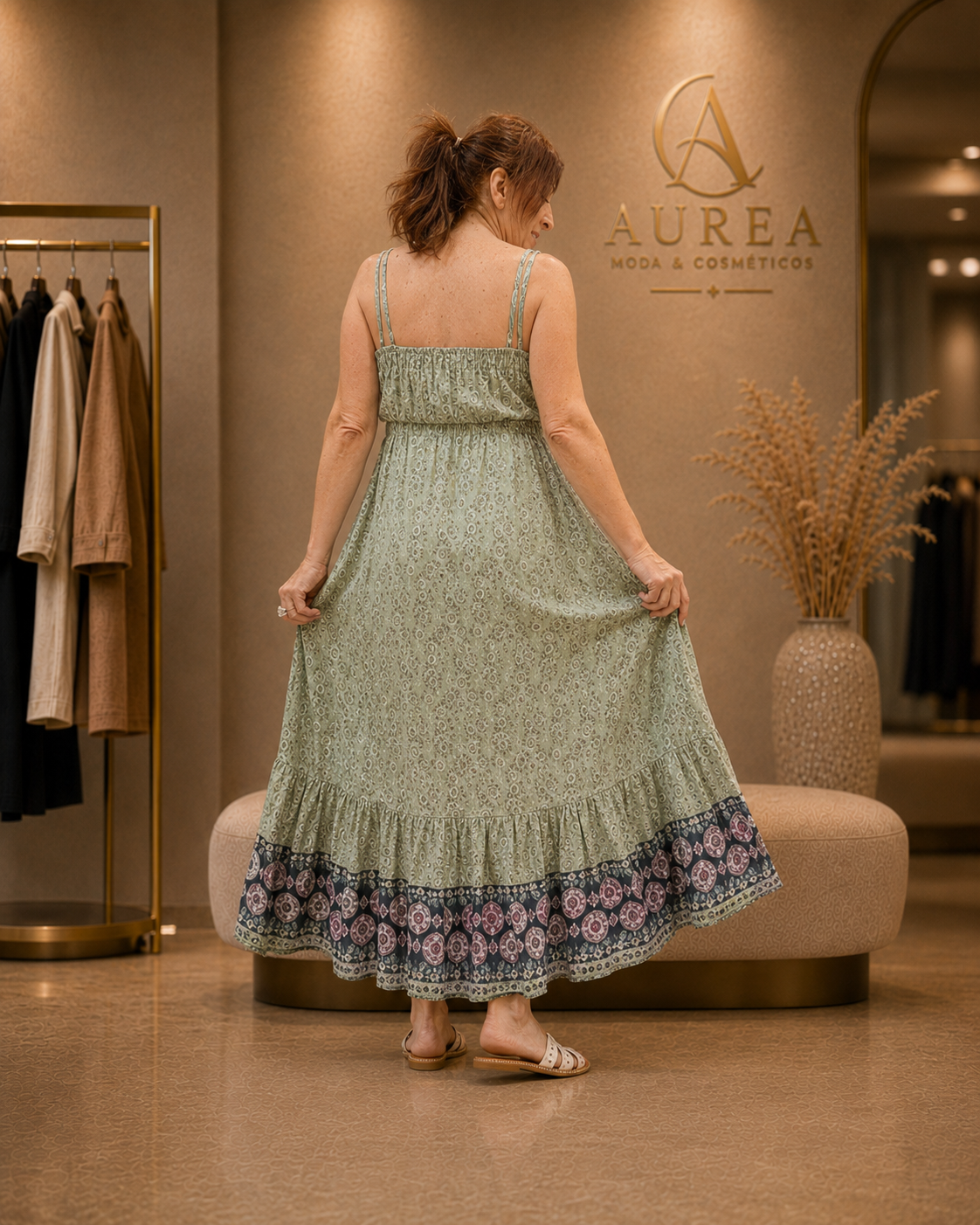 Vestido Boho Verde de Tirantes con Bajo Asimétrico
