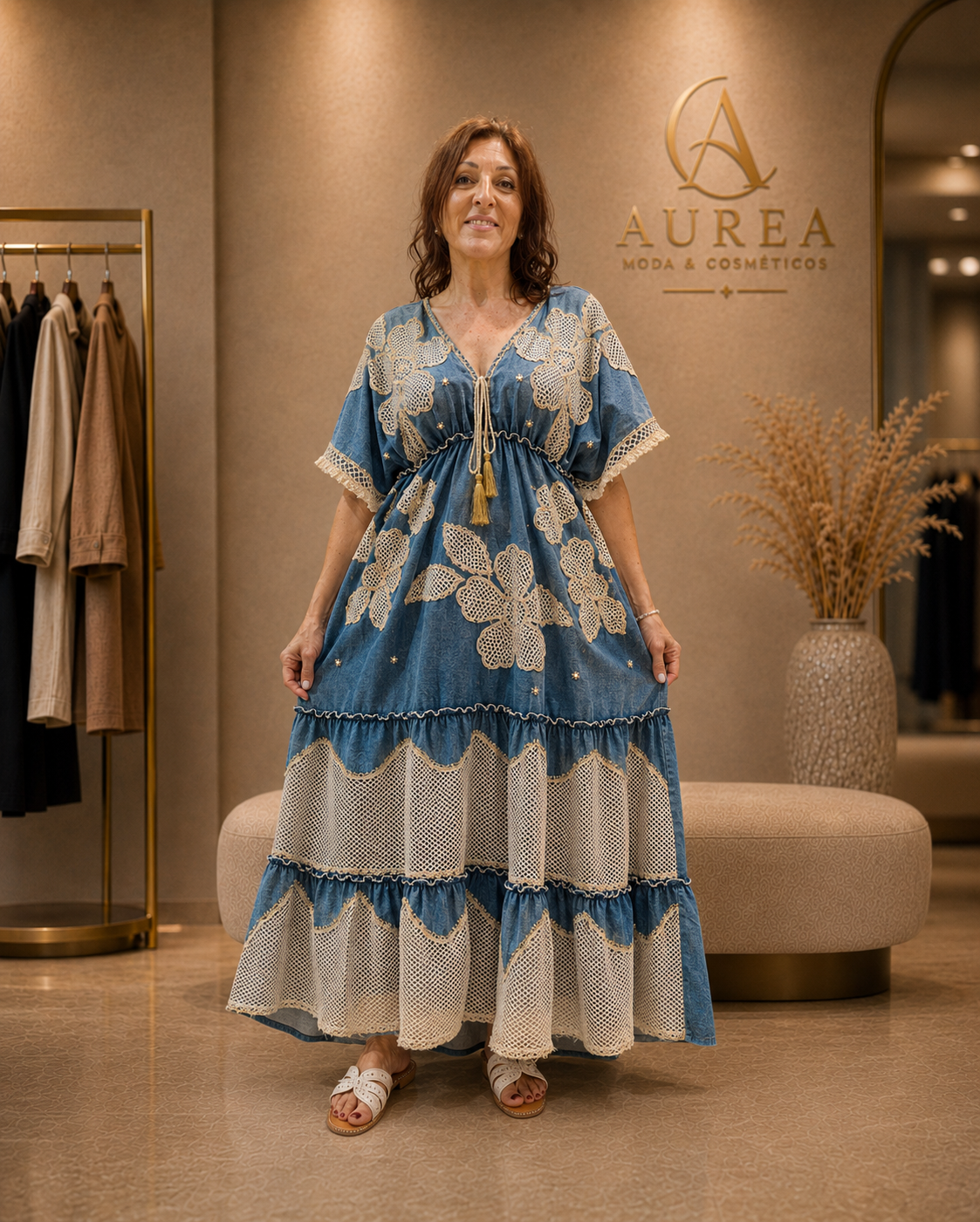 Vestido Boho Denim Con Bordados y Detalles Calados