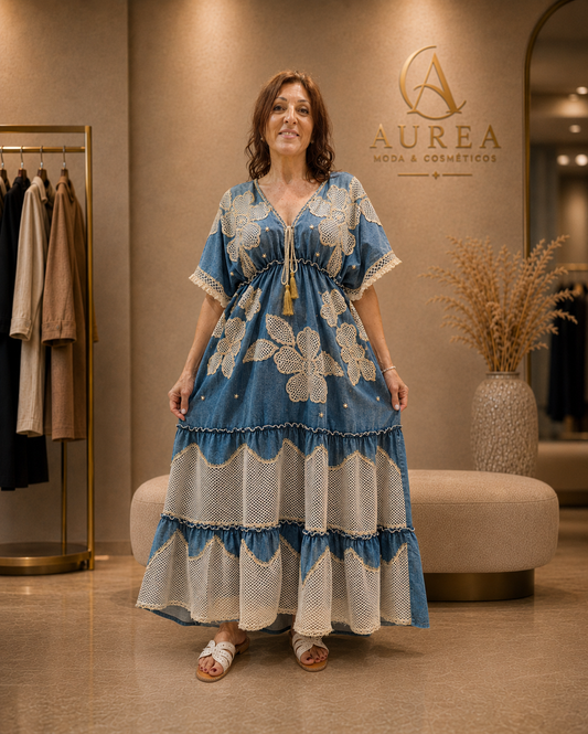 Vestido Boho Denim con Bordados y Detalles Calados de AUREA