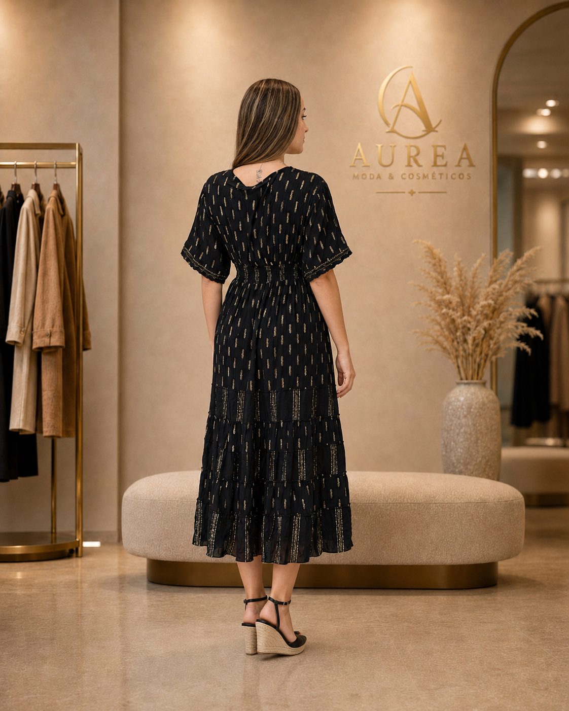 Vestido Midi Negro con Detalles Dorados y Volantes