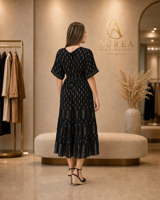 Vestido Midi Negro con Detalles Dorados y Volantes