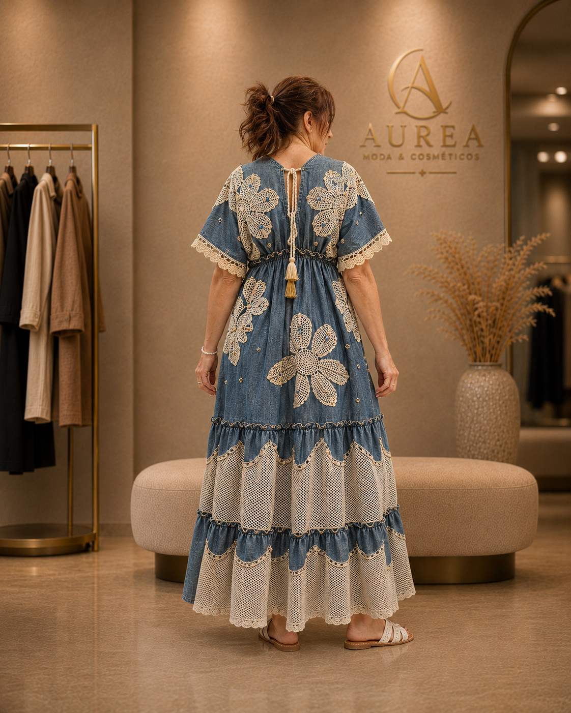 Vestido Boho Denim Con Bordados y Detalles Calados