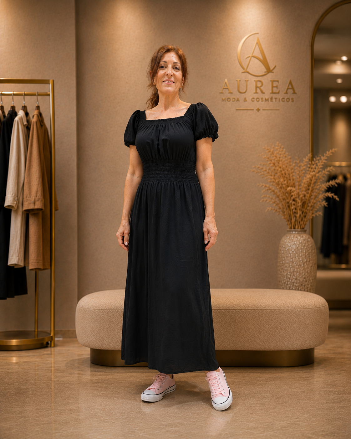 Vestido Midi Fruncido con Manga Abullonada