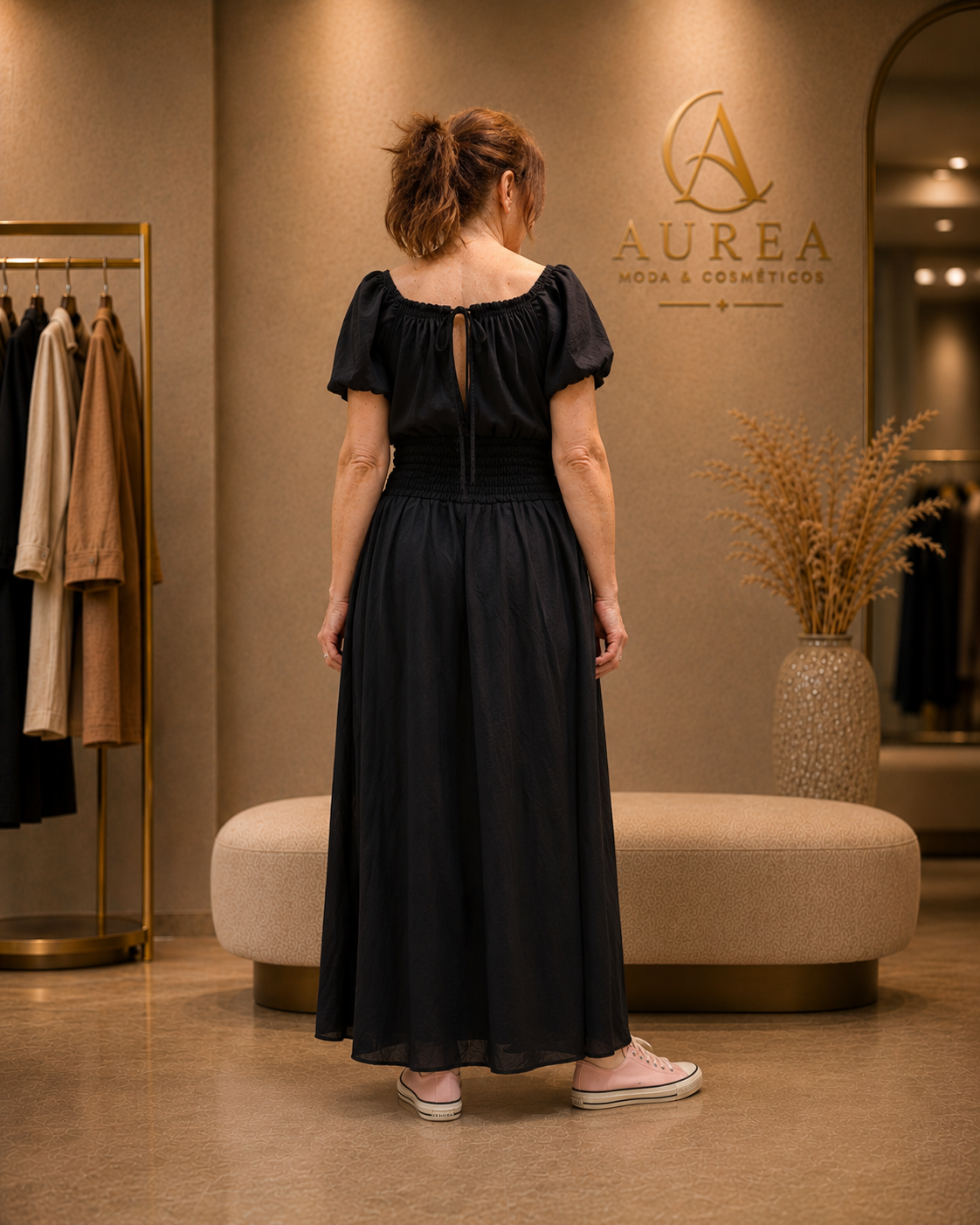 Vestido Midi Fruncido con Manga Abullonada