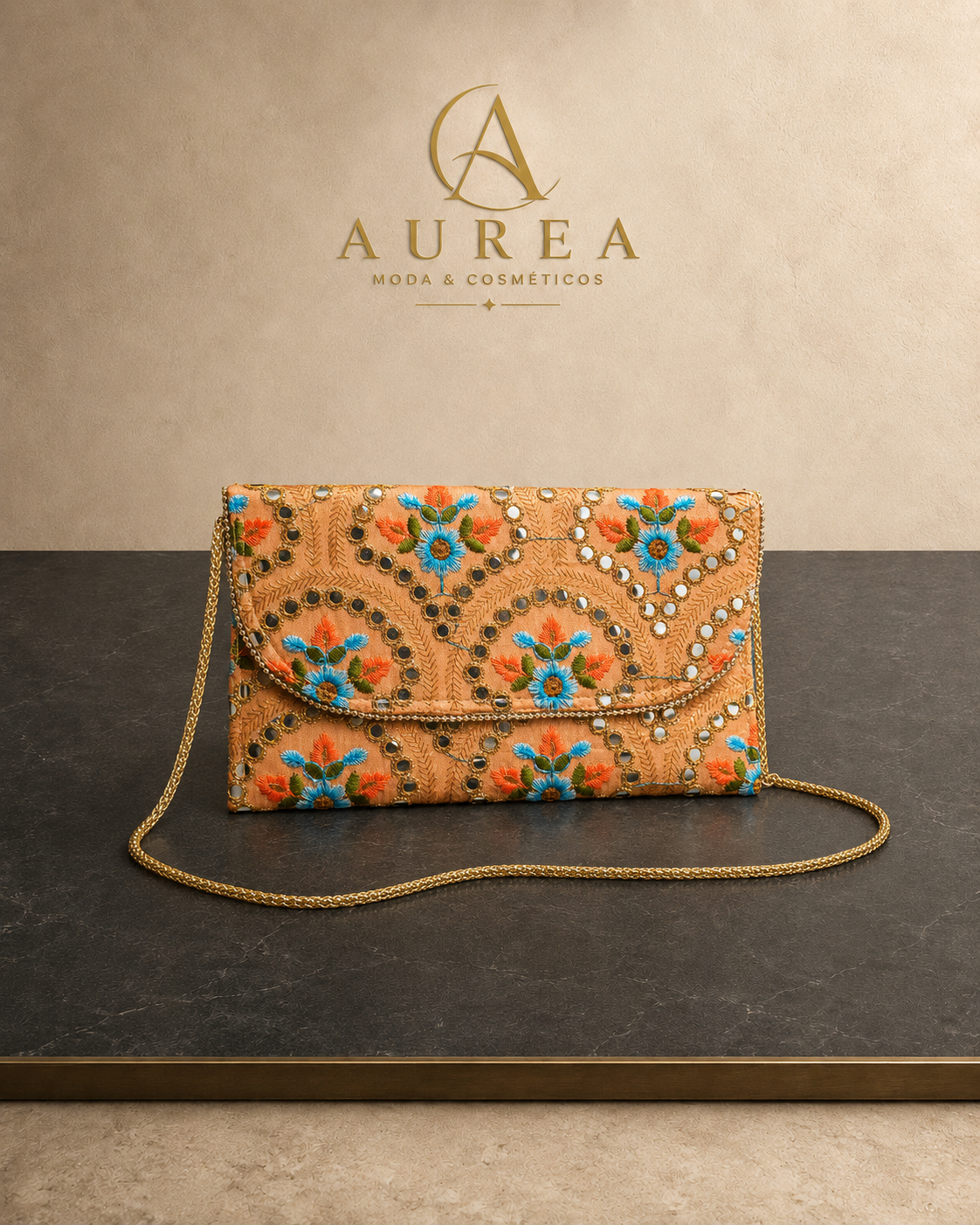 Bolso Clutch Bordado Jaipur Coral
