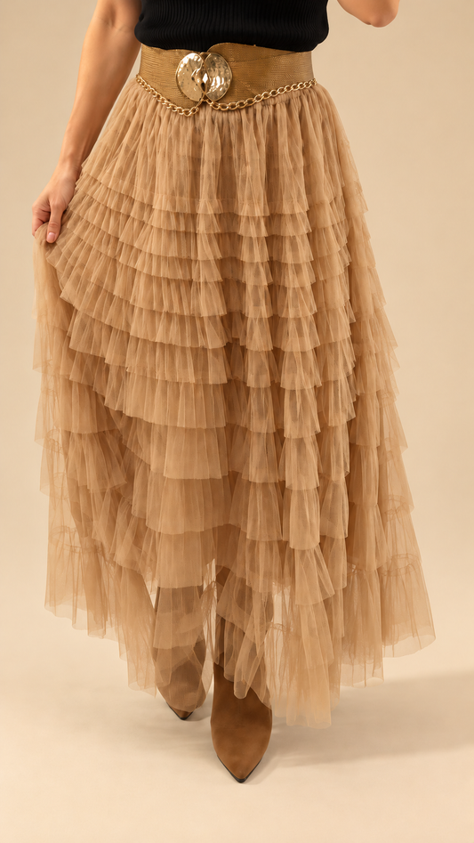 Falda Maxi de Tul con Volantes Beige