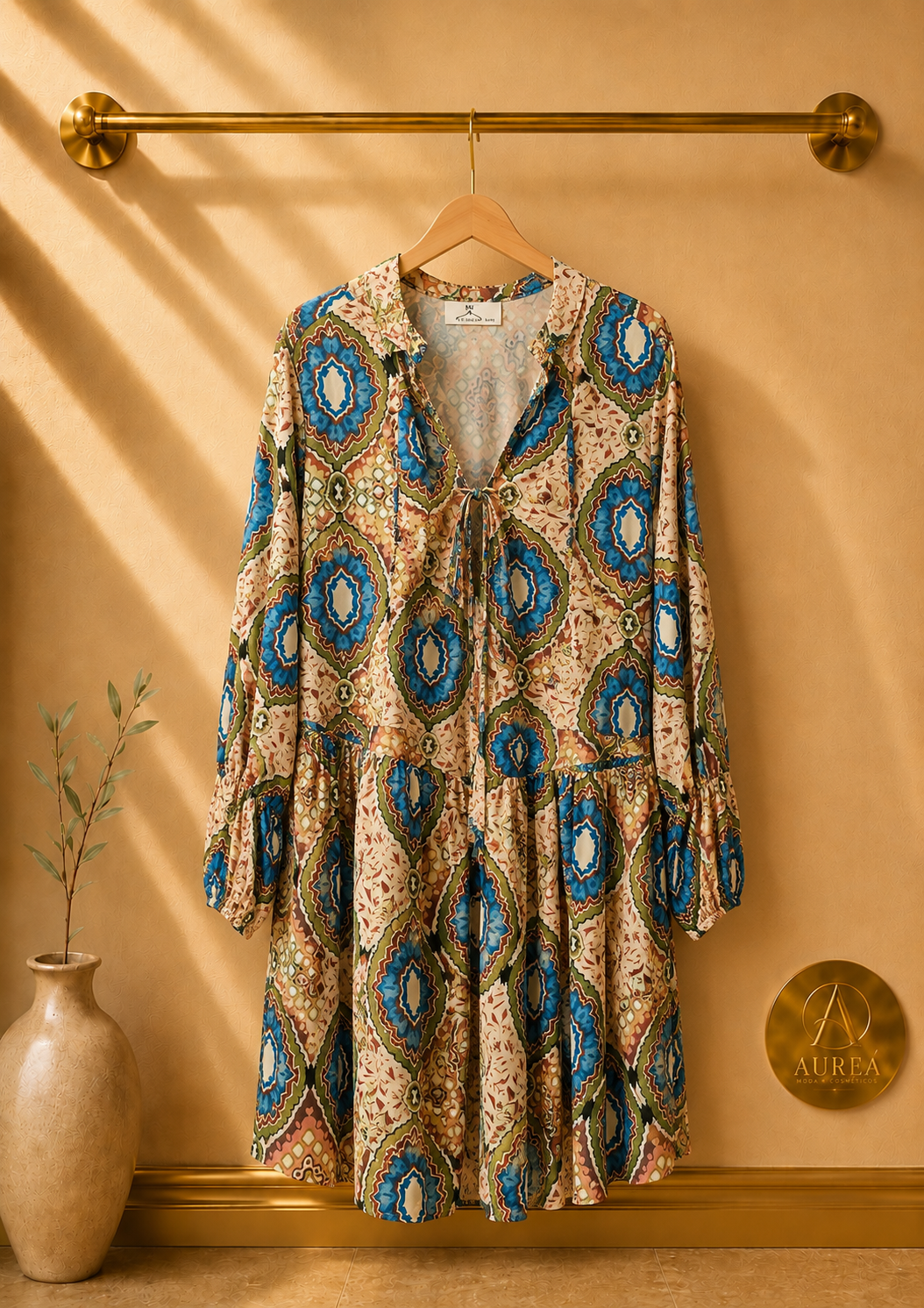 Vestido camisero estampado mosaico con volante