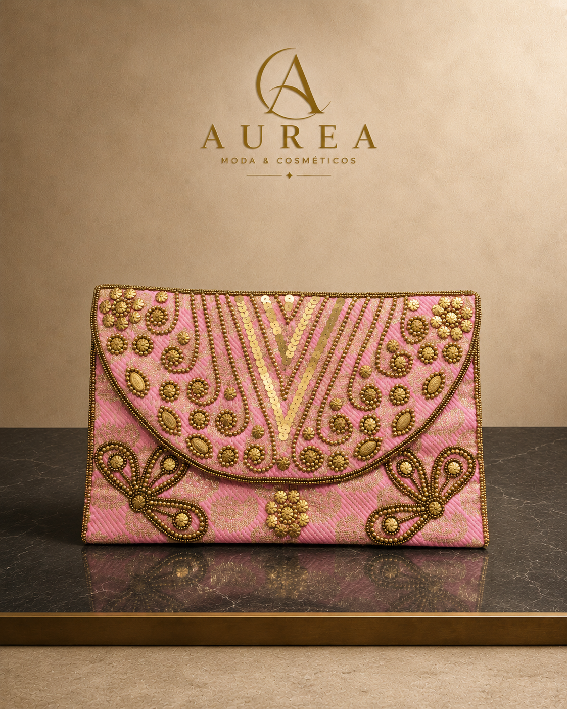 Clutch Bordado Rosa y Dorado