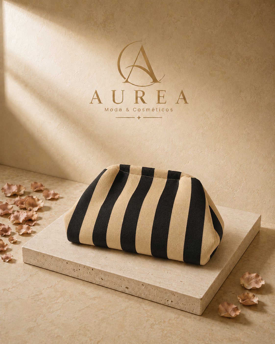 Bolso Clutch Rayas Negro y Beige