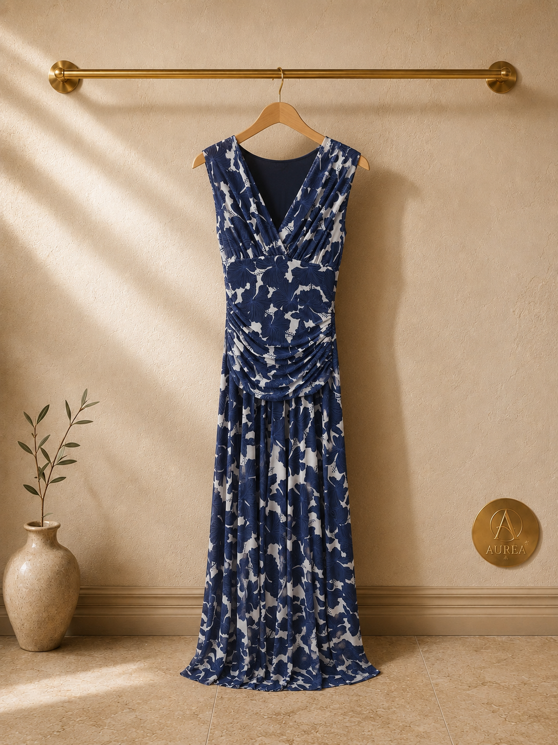 Vestido Largo Azul Floral Drapeado