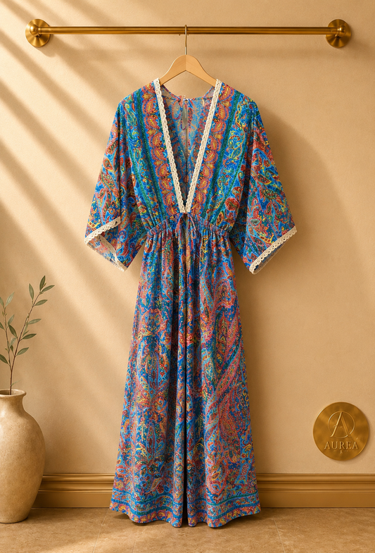 Vestido Kaftán Estampado con Encaje