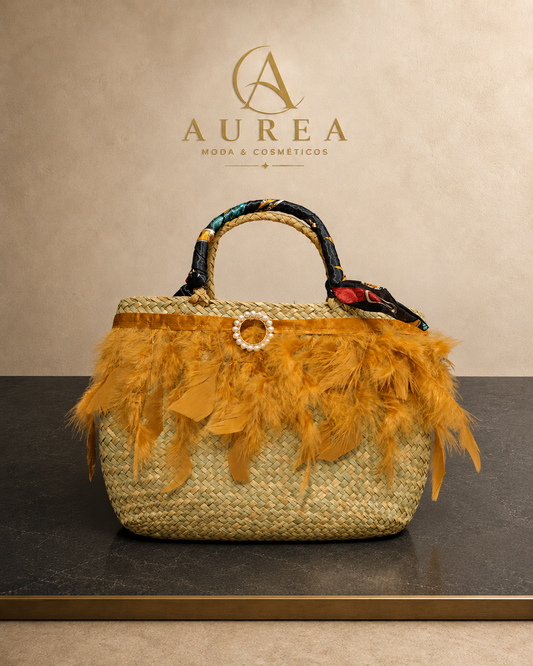 Bolso Cesta Plumas Mostaza