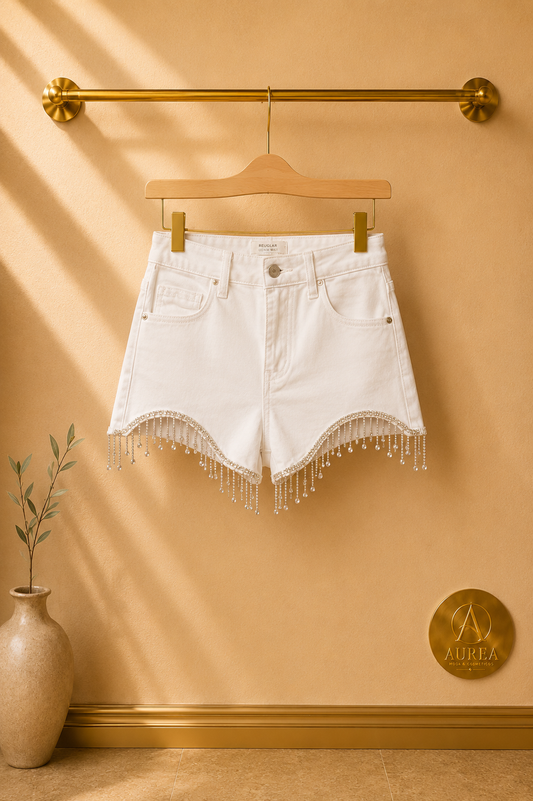 Shorts Denim con Flecos Brillantes