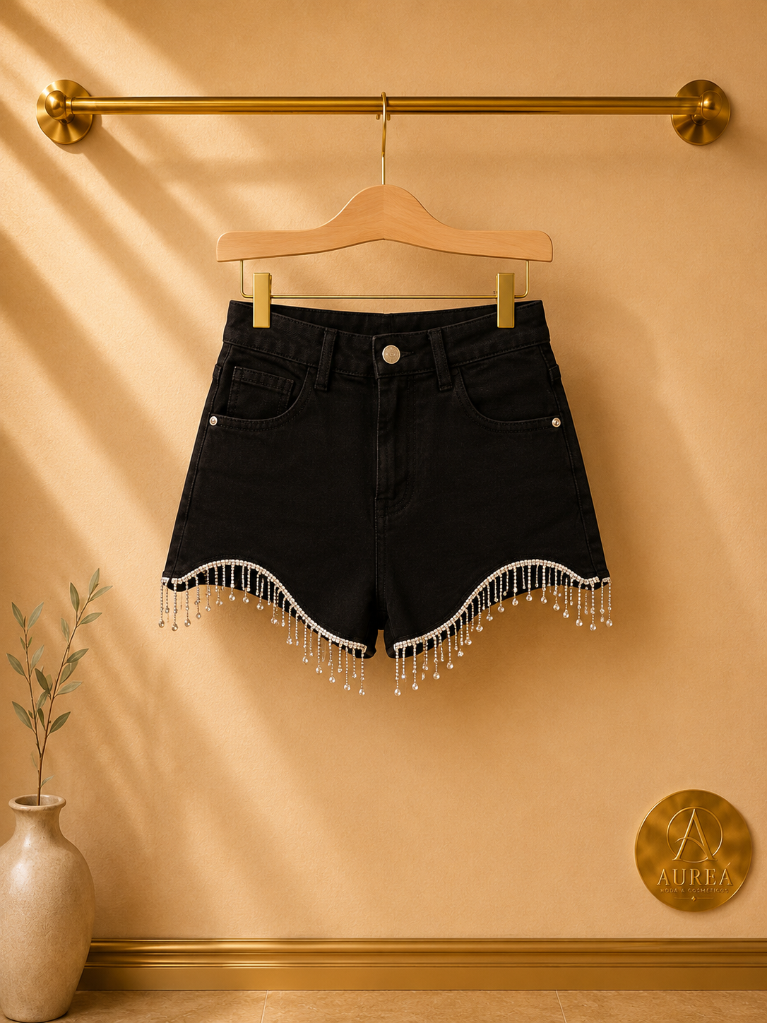 Shorts Denim con Flecos Brillantes