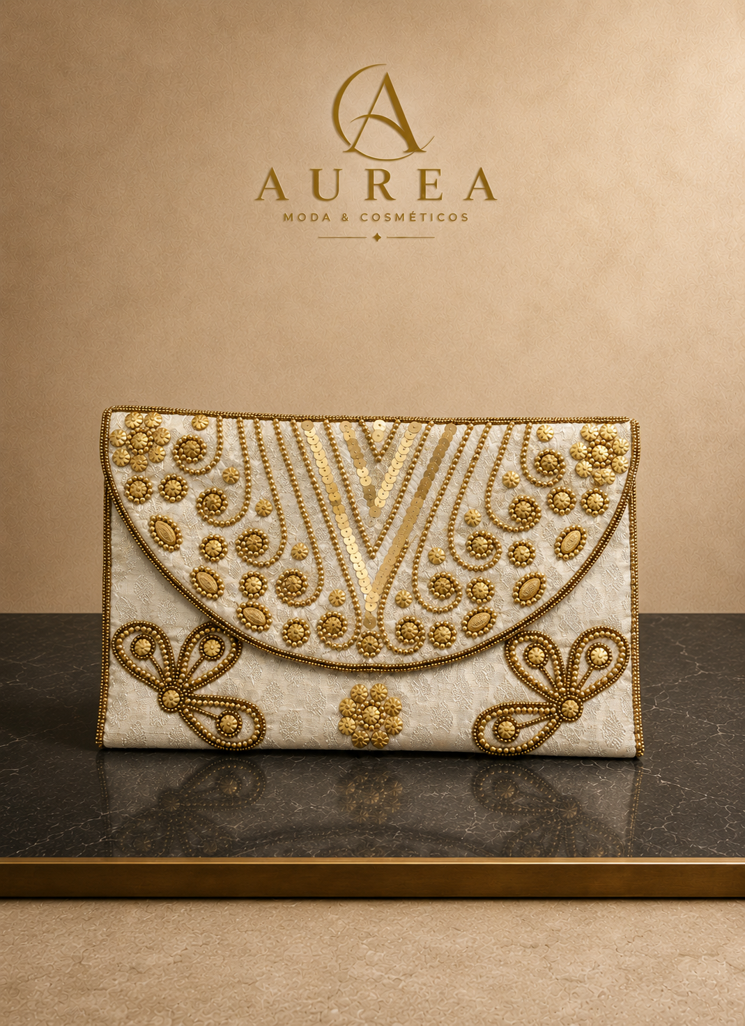 Clutch Bordado Blanco y Dorado