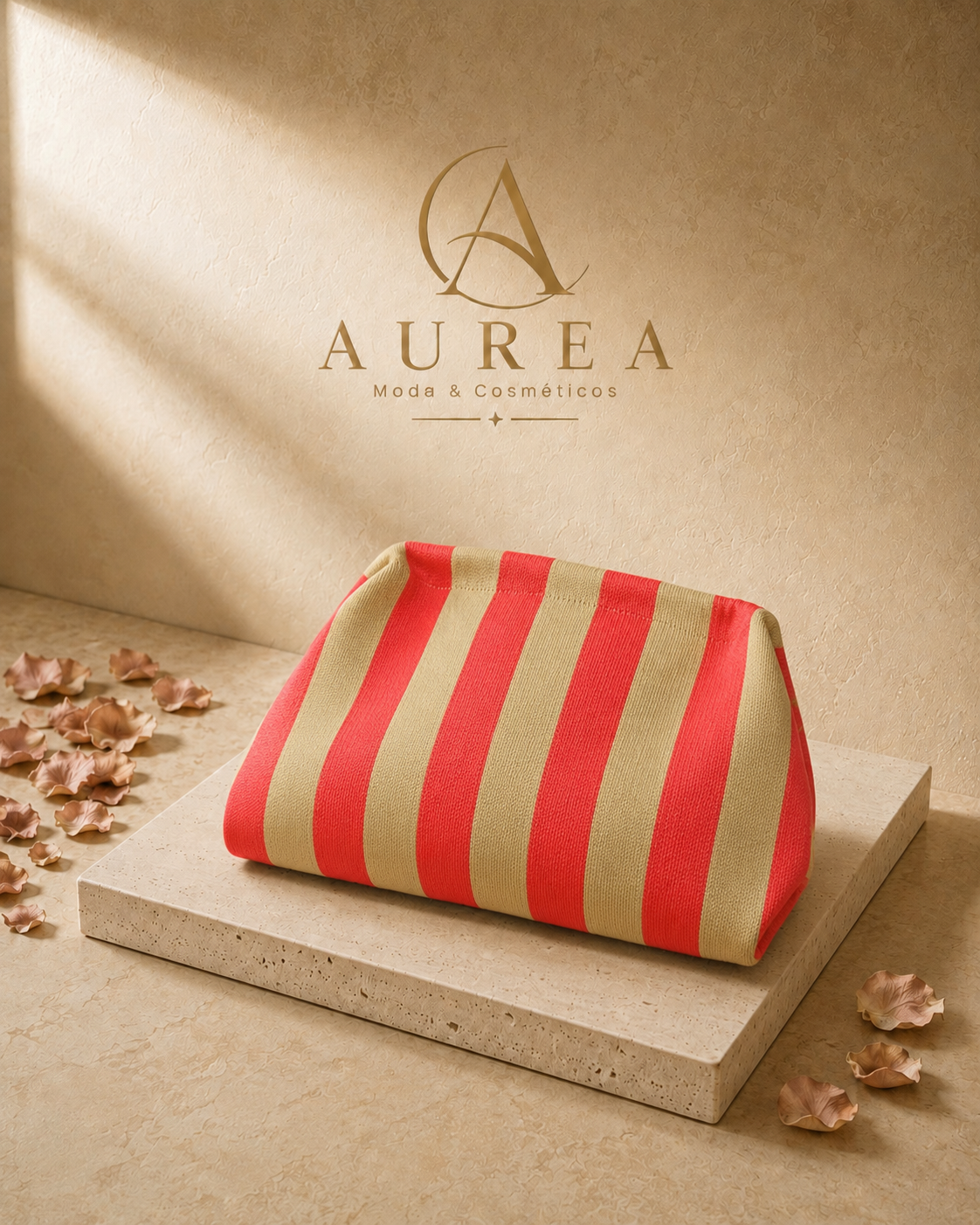 Bolso Clutch Rayas Coral y Beige