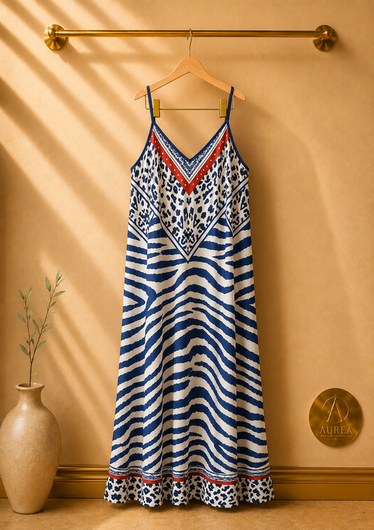 Vestido de Tirantes Animal Print Azul y Rojo
