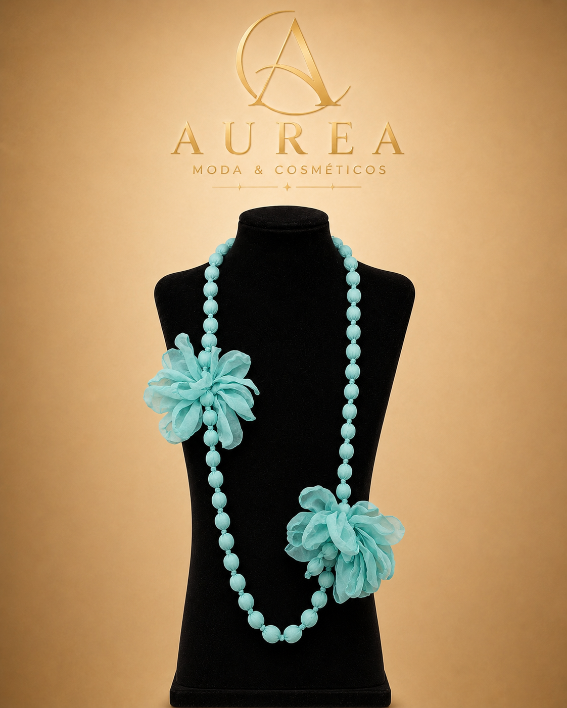 Collar Largo Azul con Flores
