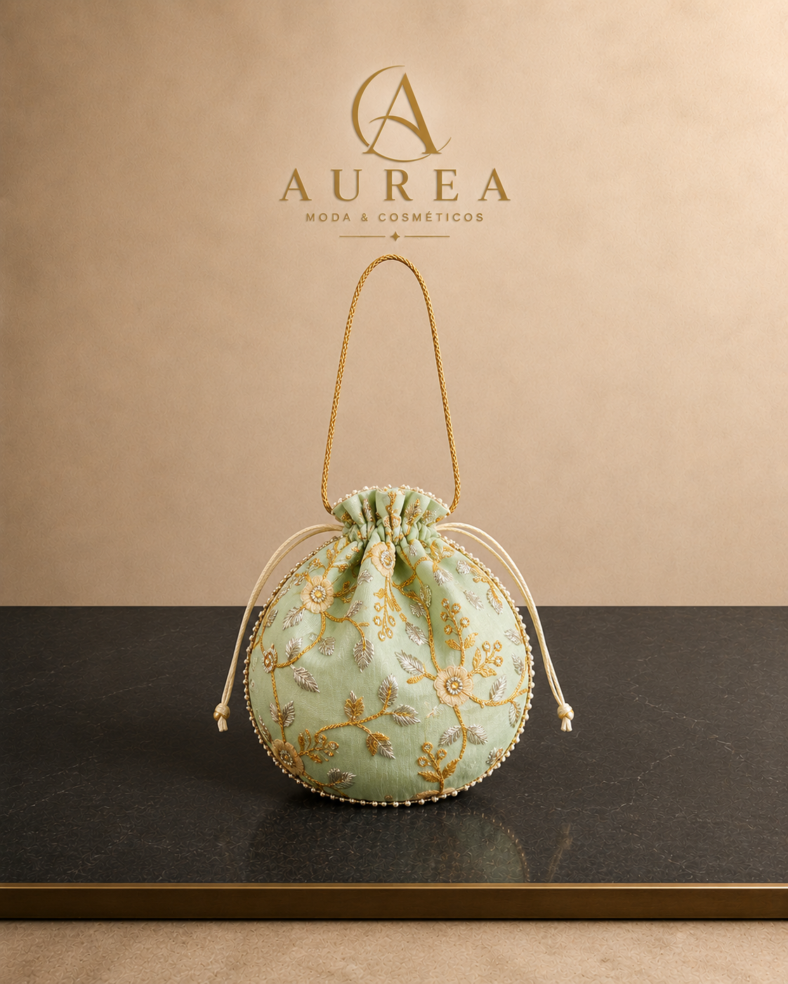 Bolso Saco Marrón con Bordado Dorado